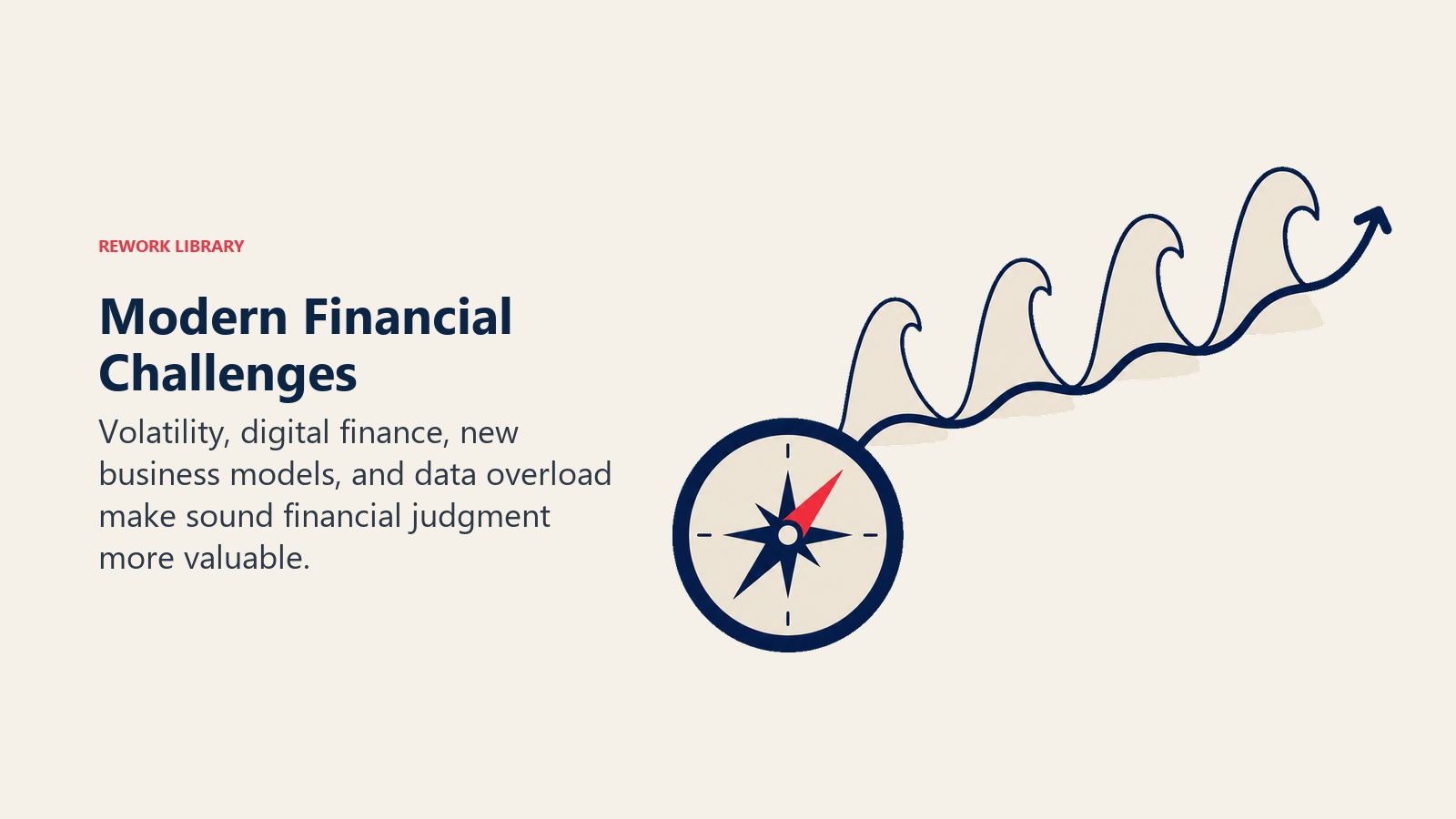 Modern Financial Challenges illustrated by stable compass navigating through four different rounded volatility waves toward one coral opportunity marker