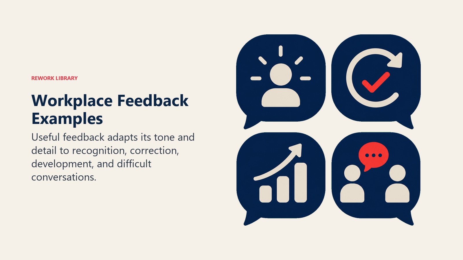 Workplace Feedback Examples illustrated by four-slot message selector with distinct recognition, correction, development, and difficult-conversation tokens
