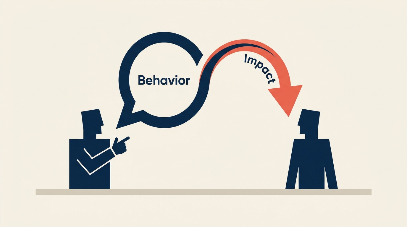 Two professionals in a feedback conversation, one offering constructive input with a speech bubble loop