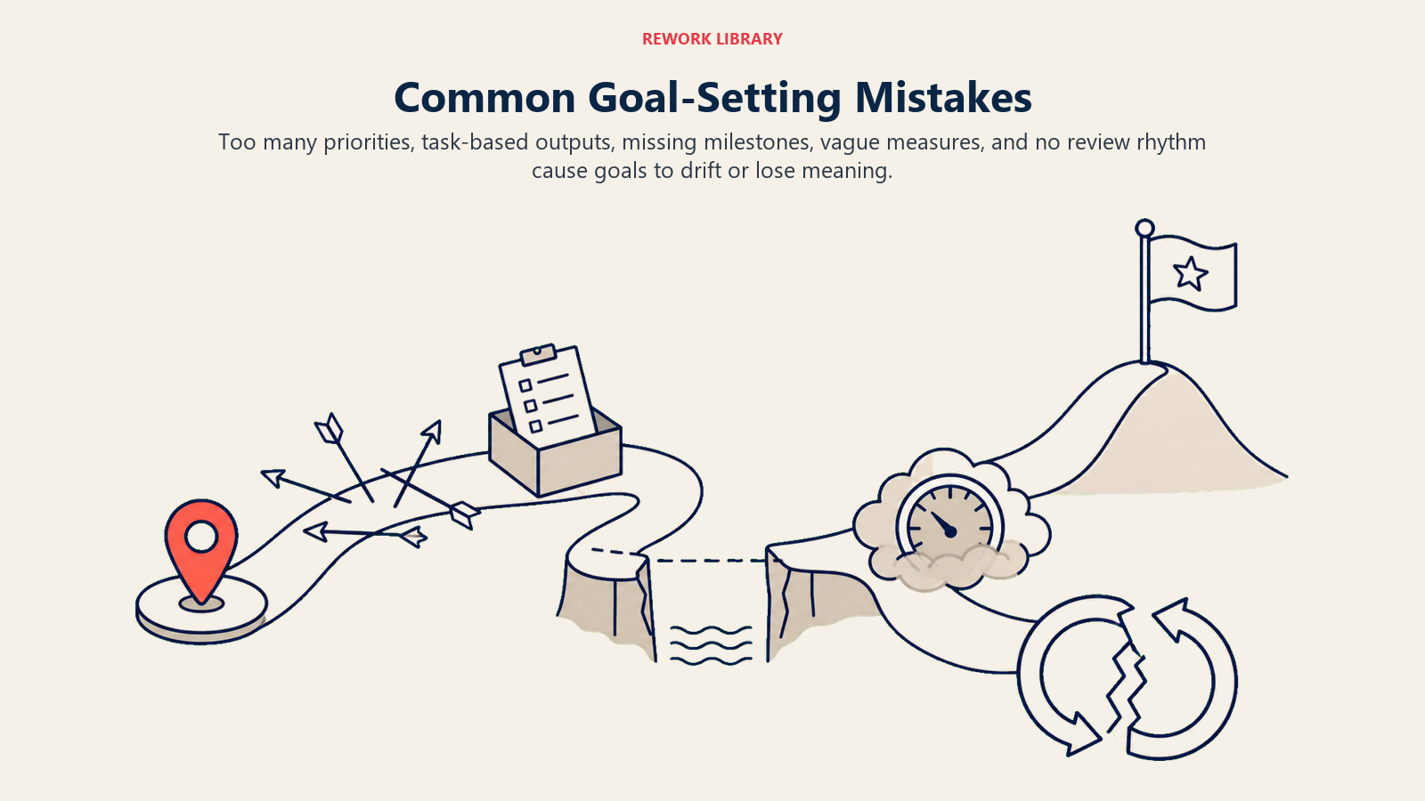 Common Goal-Setting Mistakes illustrated by a goal path disrupted by five distinct hazards: scattered arrows, task box, missing bridge, foggy gauge, and broken review loop