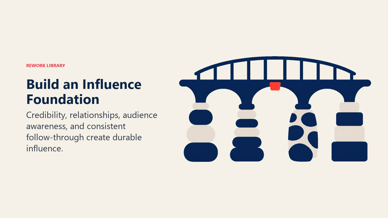 Build an Influence Foundation illustrated by sturdy bridge resting on four visibly different rounded foundation stones with one coral keystone