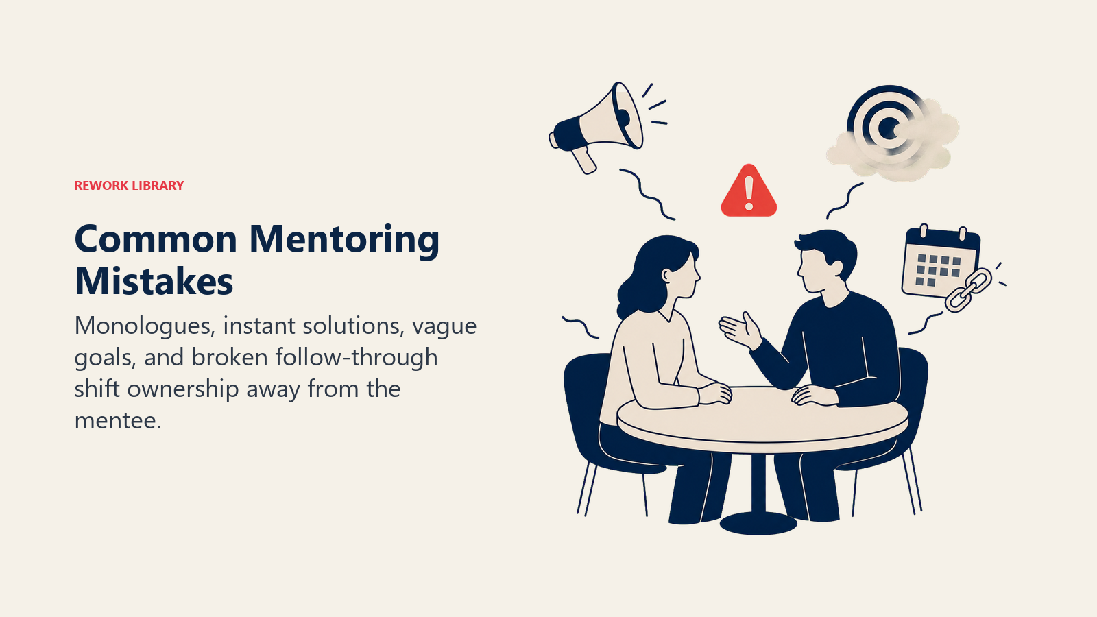 Common Mentoring Mistakes shown as a mentoring conversation table tilted by four visible imbalance objects: megaphone