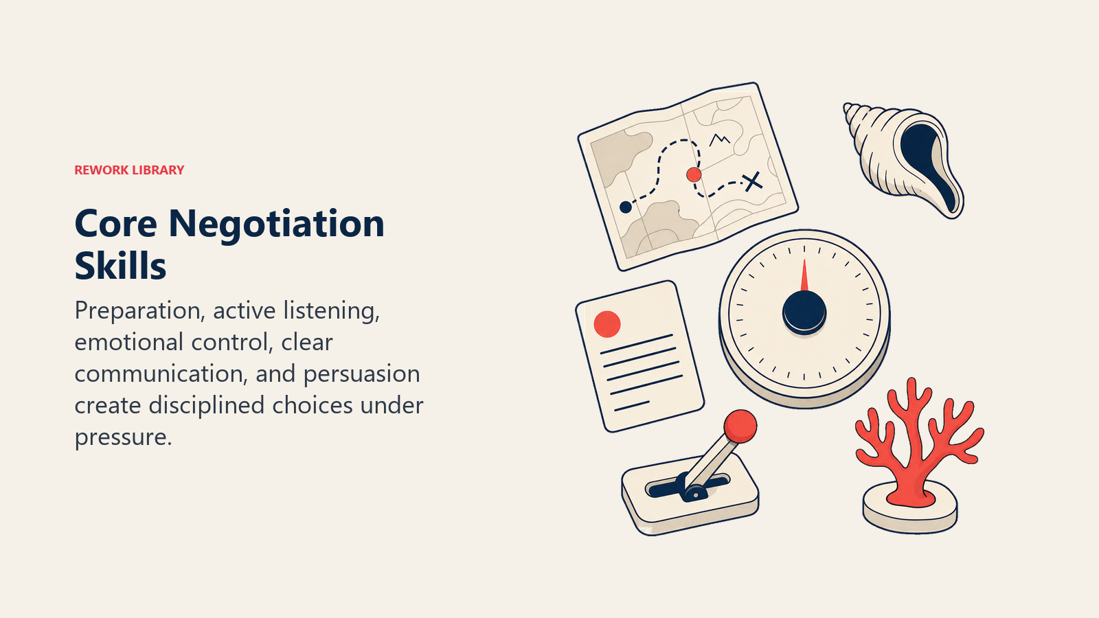 Core negotiation skills shown as a field kit with preparation map listening shell and calm dial
