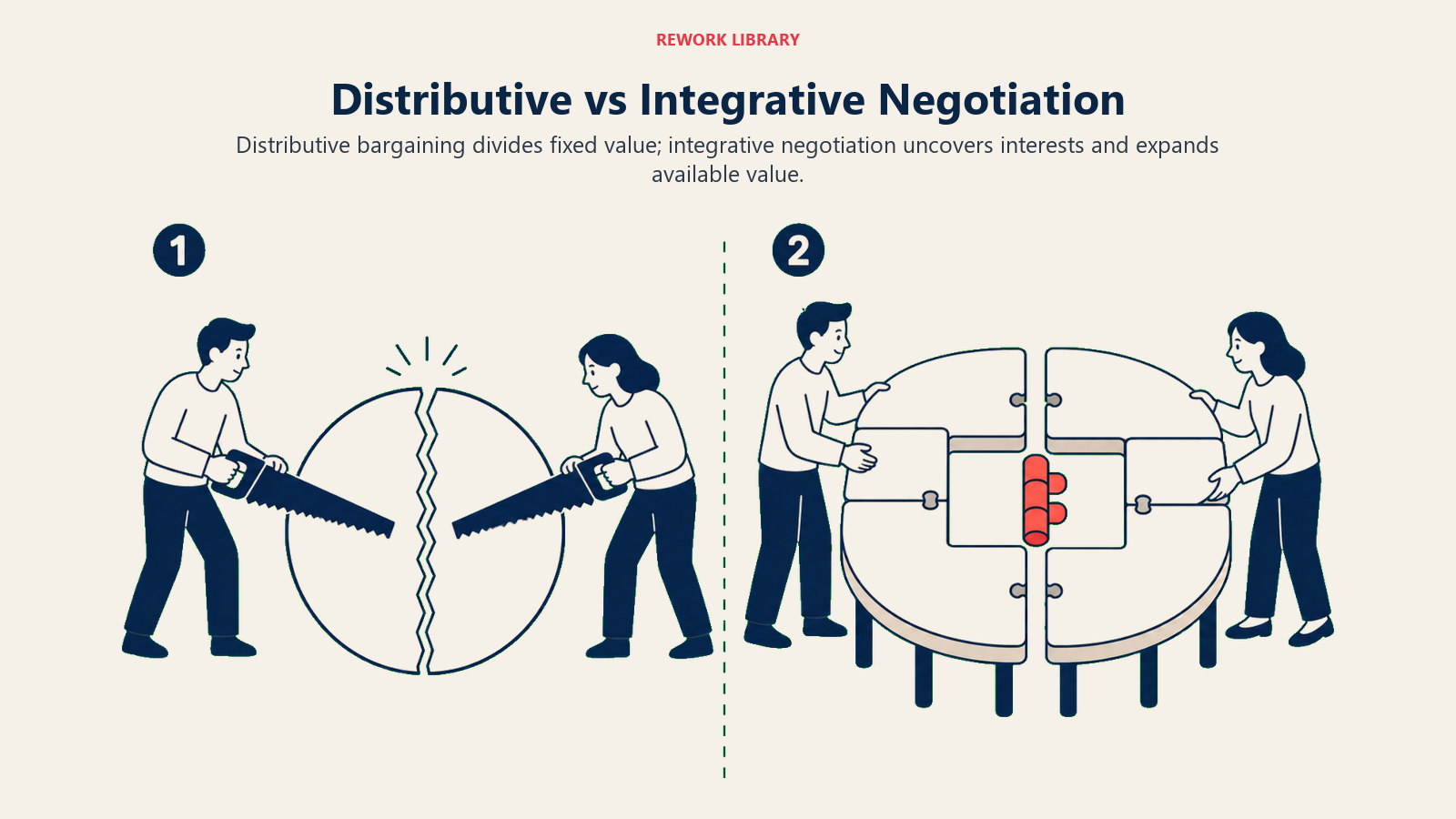 Distributive versus integrative negotiation shown as dividing fixed value versus expanding shared value
