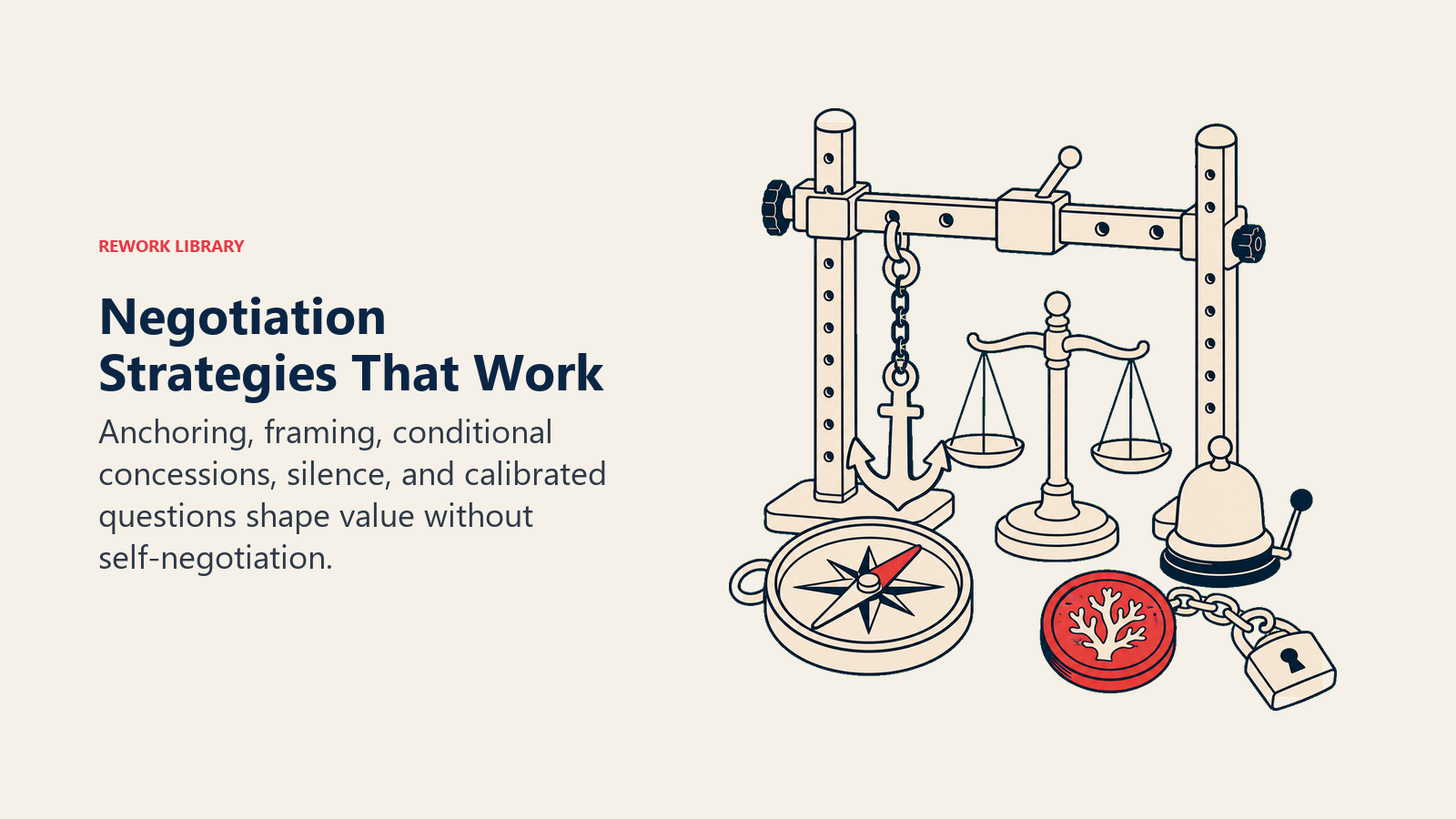 Negotiation strategies represented by anchor frame trade scale silence bell and question compass