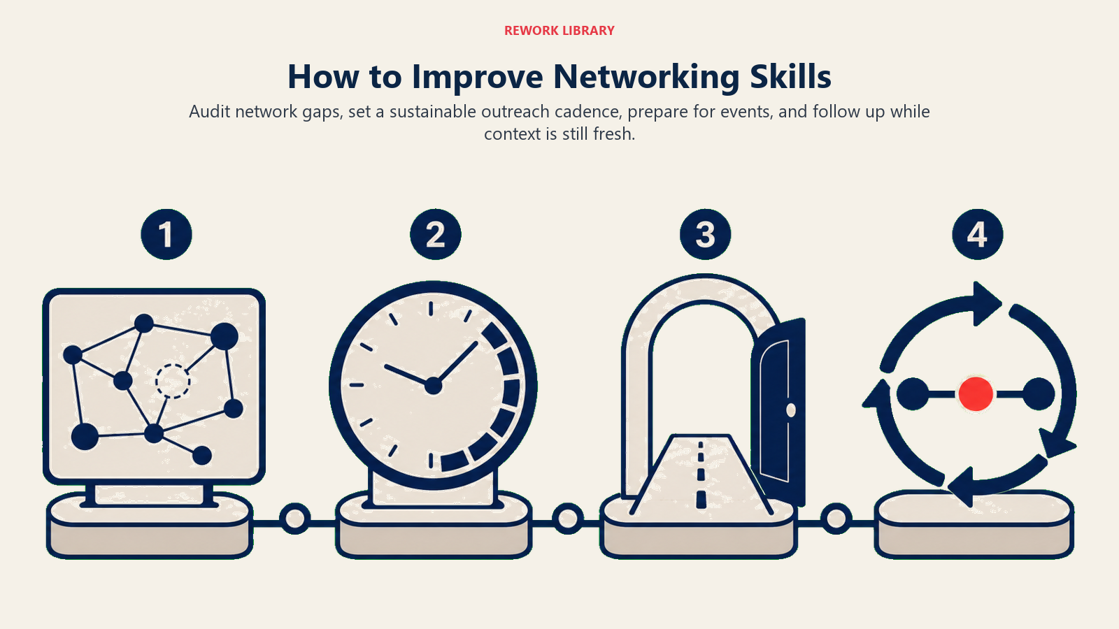 Four-step plan to improve networking skills through auditing, cadence, preparation, and follow-up