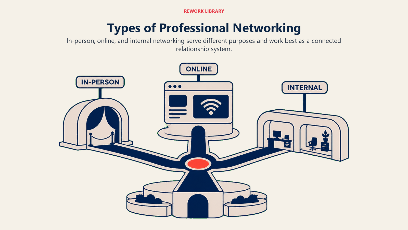 Three types of professional networking: in-person, online, and internal relationships