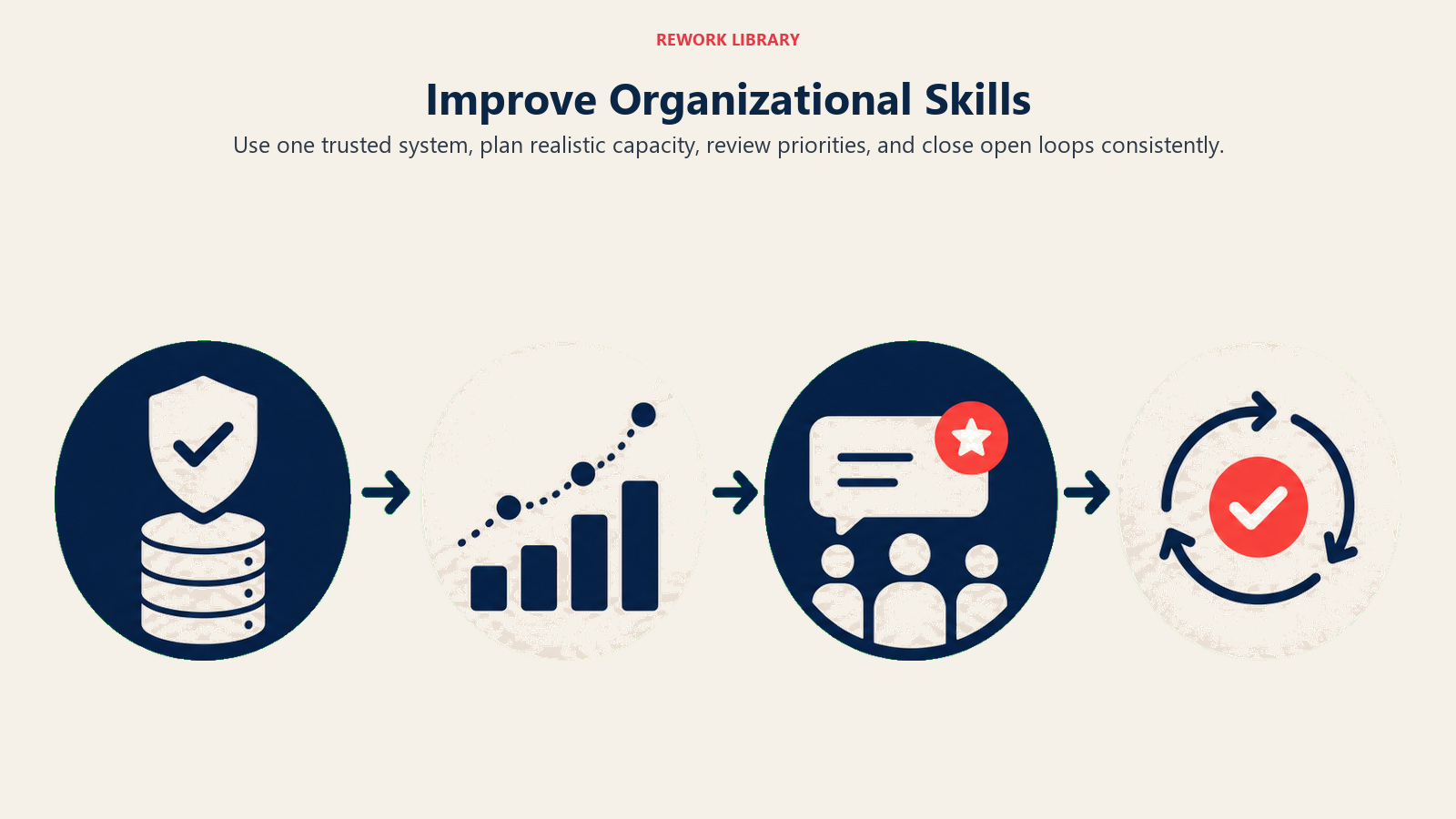 Improve Organizational Skills illustrated by wide four-stage improvement flow from trusted system to capacity planning, priority review, and closed-loop finish
