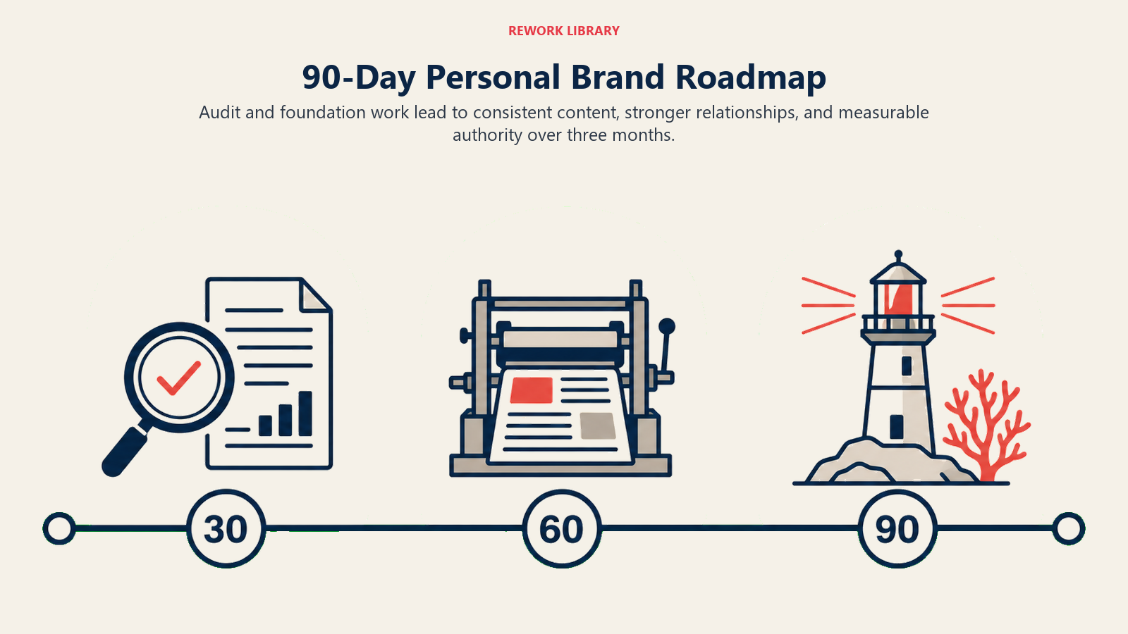 Ninety-day personal brand roadmap from audit through publishing to authority