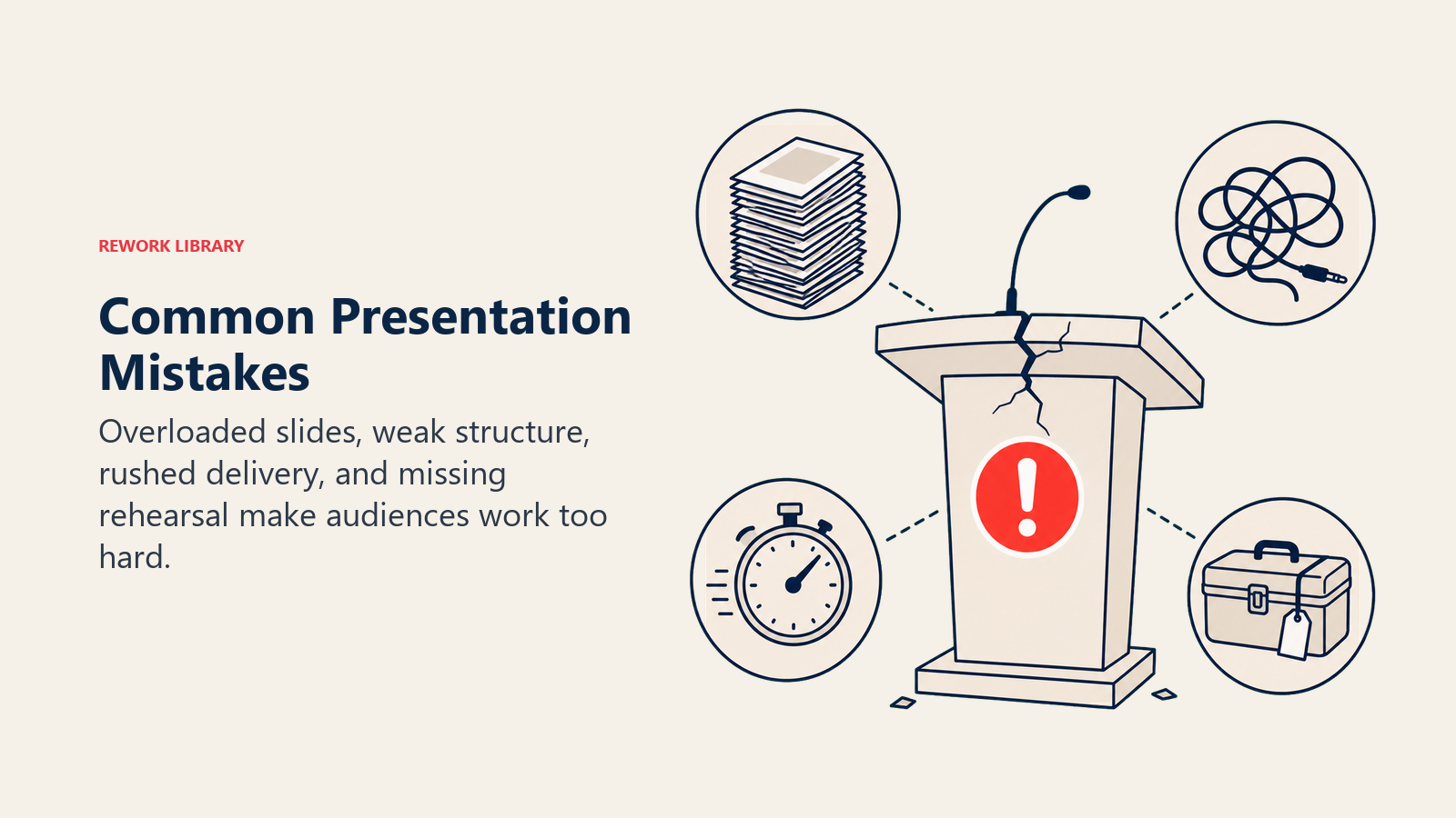 Common Presentation Mistakes illustrated with a cracked presentation lectern showing four visible failure signals: dense slide stack, tangled arc, racing timer, and unopened rehearsal case, with one coral warning marker