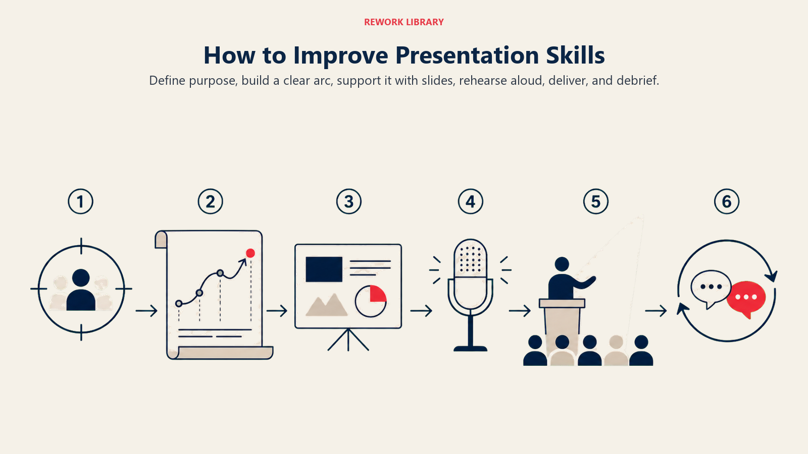 How to Improve Presentation Skills illustrated with a wide six-step presentation flow from audience target to narrative arc, supporting slide, rehearsal microphone, live delivery beam, and feedback loop; sparse stage numbers 1 to 6