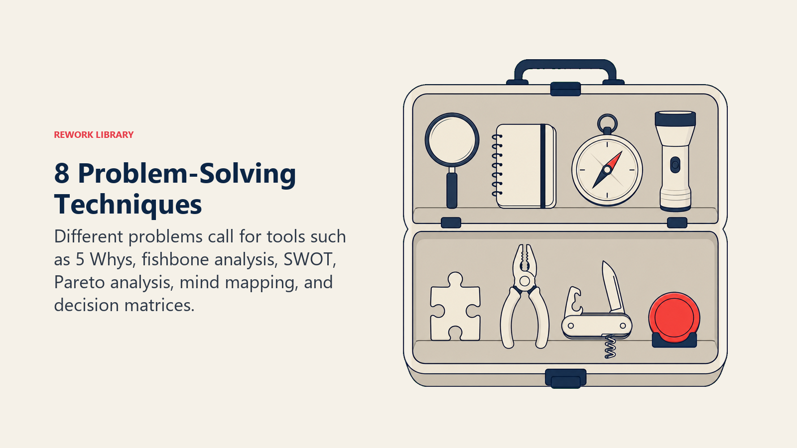 8 Problem-Solving Techniques shown as a curated problem-solving field case holds eight visibly different compact tools arranged in two sparse shelves, with one coral selection token