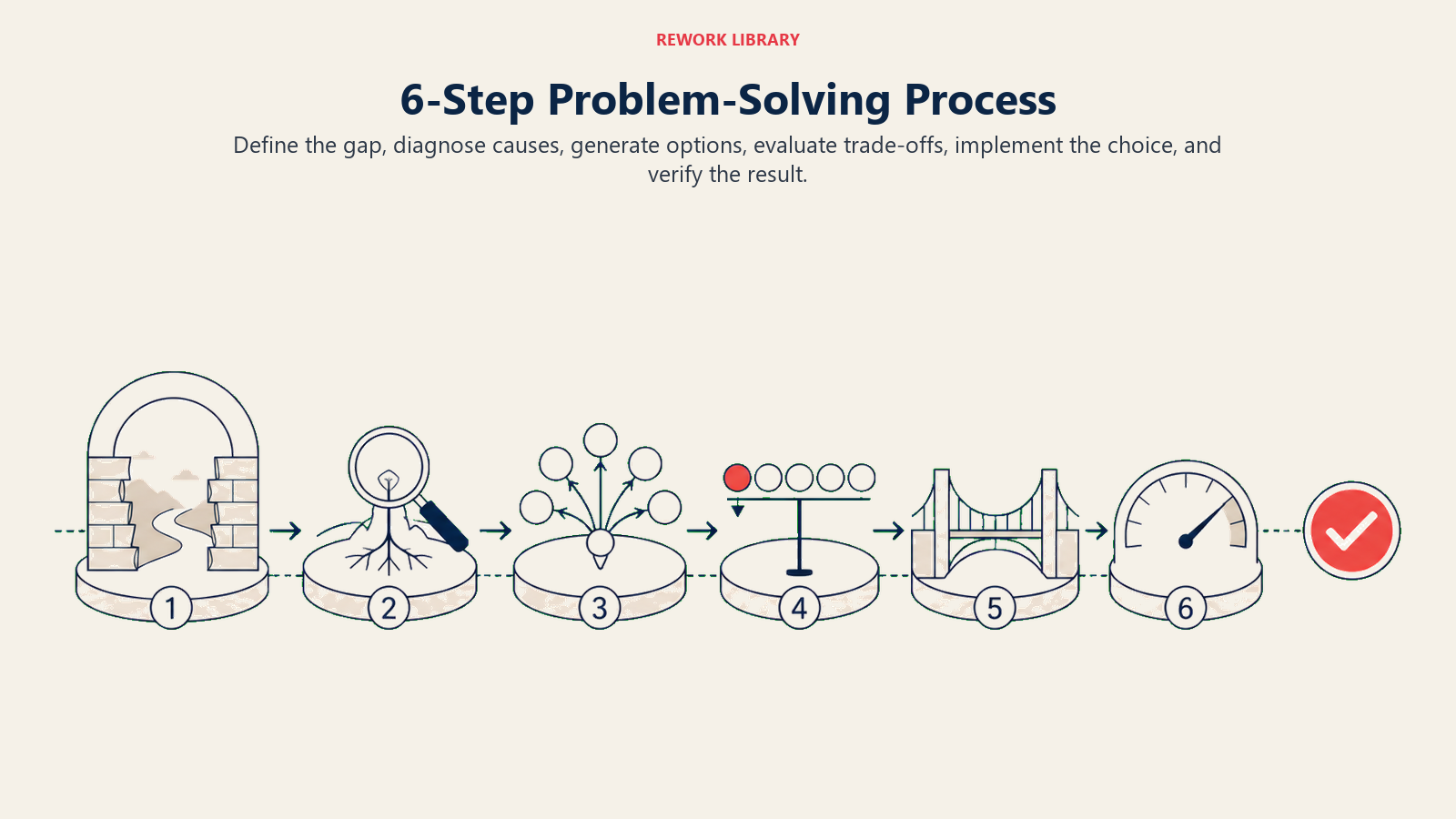6-Step Problem-Solving Process shown as a wide six-stage route moves through a gap frame, root-cause dig, option fan, evaluation scale, implementation bridge, and verification gauge, ending at one coral check