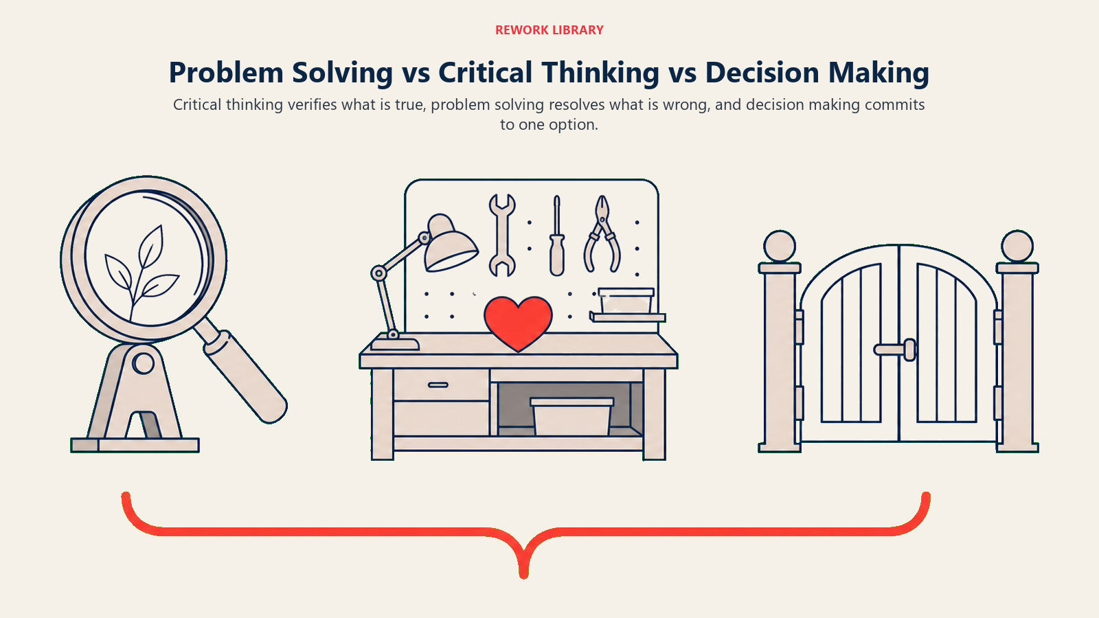 Problem Solving vs Critical Thinking vs Decision Making shown as a wide three-way comparison shows a truth lens, repair bench, and choice gate as clearly separate objects, with one coral relationship bracket