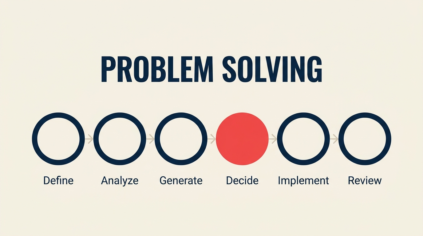Six-step problem solving process from defining the problem to implementing the solution
