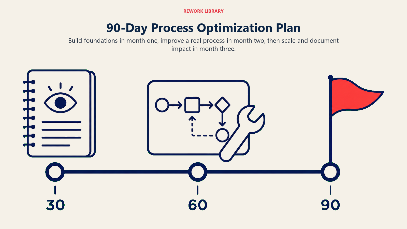 A 90-day process optimization plan moving through 30, 60, and 90 day milestones