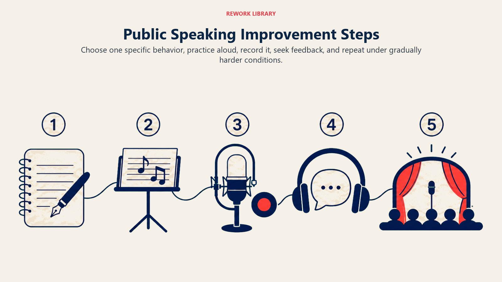 Public Speaking Improvement Steps shown as a five-step rehearsal path from a written target through practice