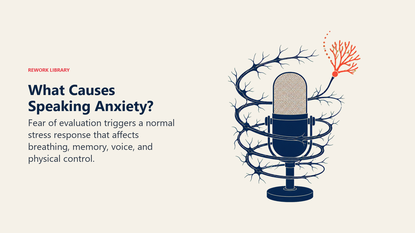 What Causes Speaking Anxiety? shown as a microphone surrounded by a tightening nervous-system coil that loosens near a coral breathing point