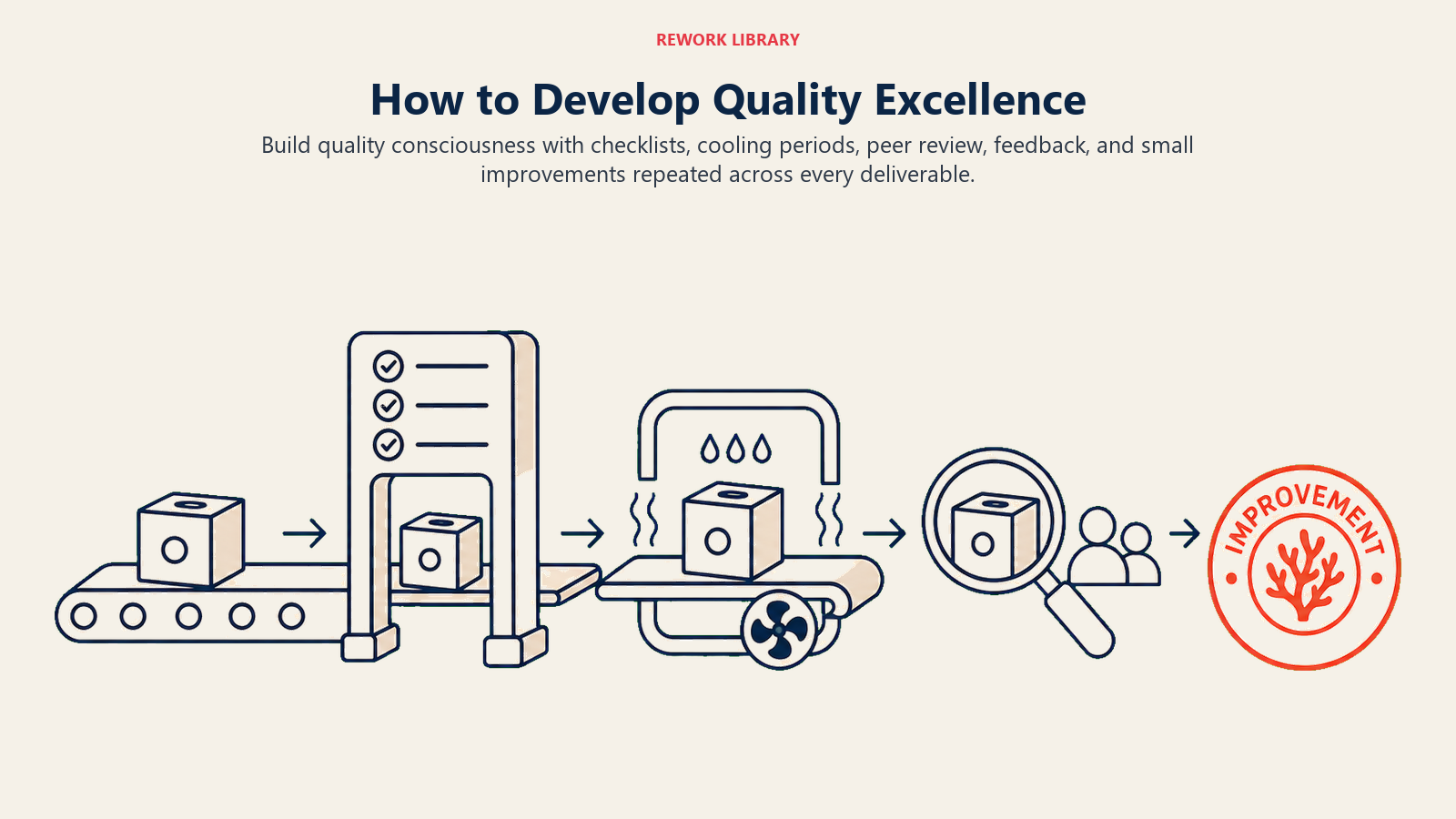 How to Develop Quality Excellence illustrated by a workpiece moving through a checklist gate, cooling loop, peer lens, and coral improvement stamp