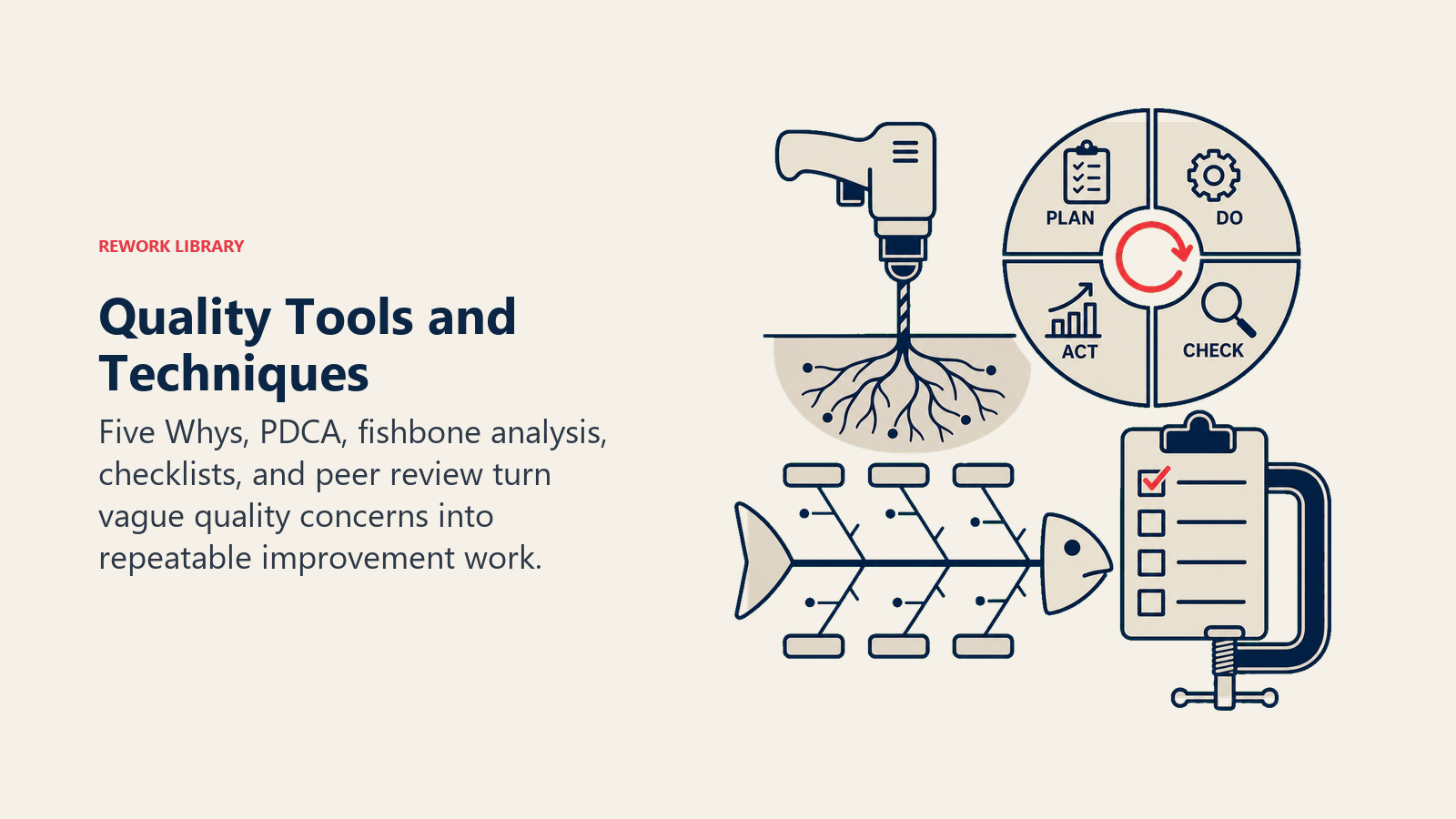 Quality Tools and Techniques illustrated by a compact quality toolkit with a root-cause drill, circular PDCA wheel, fishbone spine, and checklist clamp