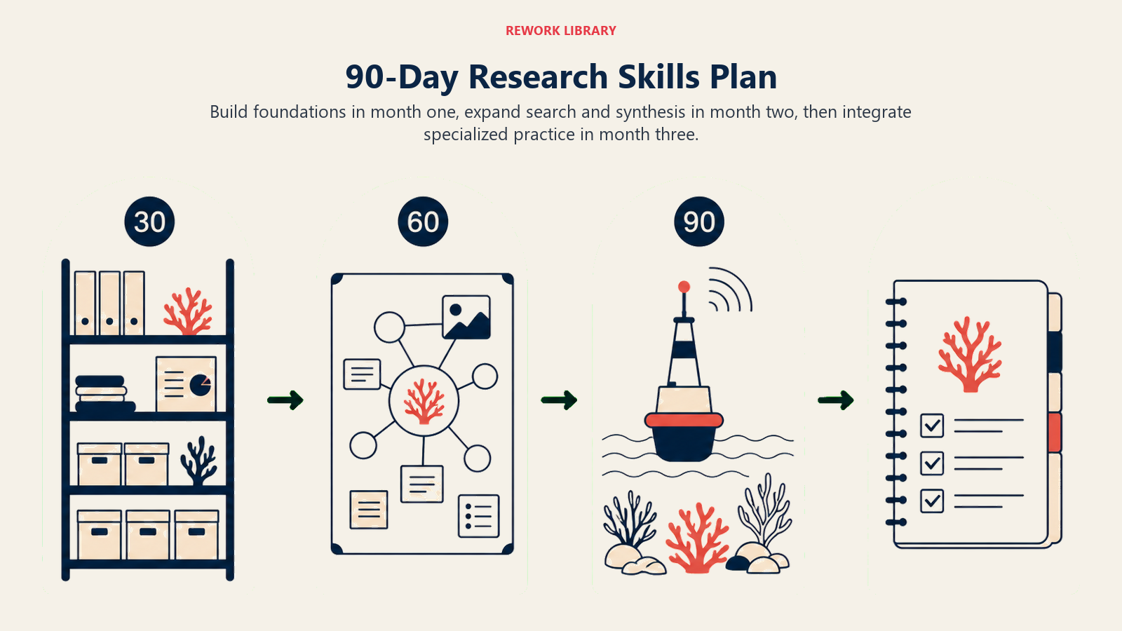 Ninety-day research skills plan from foundations through synthesis to integrated practice