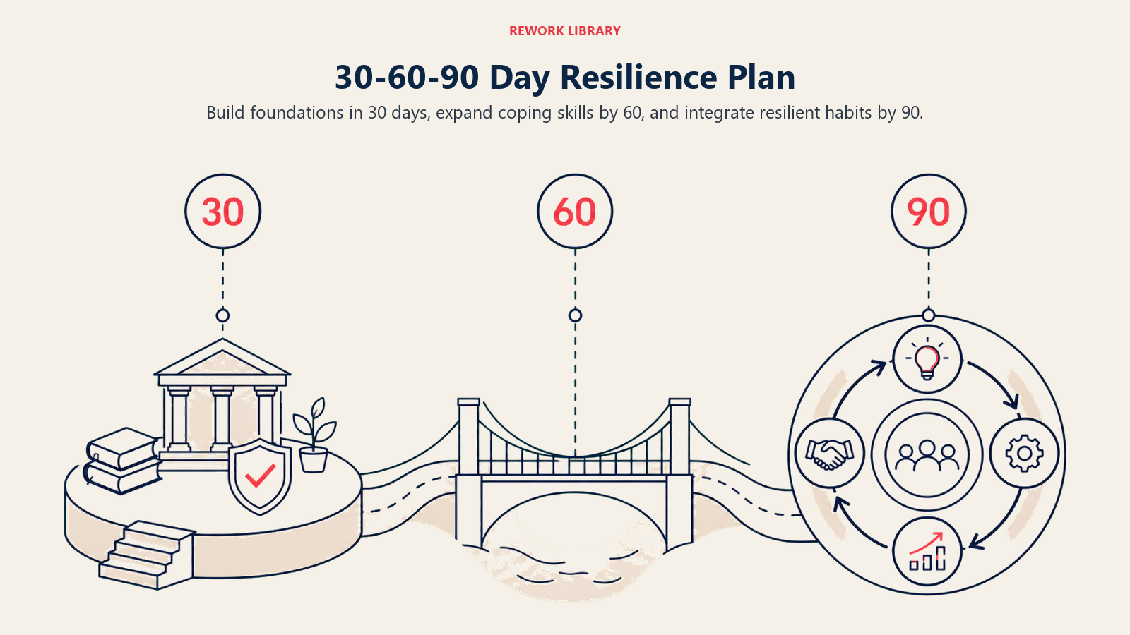 30-60-90 Day Resilience Plan illustrated with a wide three-phase path moving through a foundation platform, a skill-building bridge, and an integrated circular system; sparse labels 30, 60, 90 only