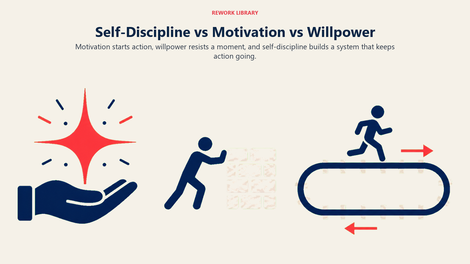 Self-Discipline vs Motivation vs Willpower illustrated by wide three-lane comparison: spark for motivation, short barrier for willpower, and repeating rail for self-discipline