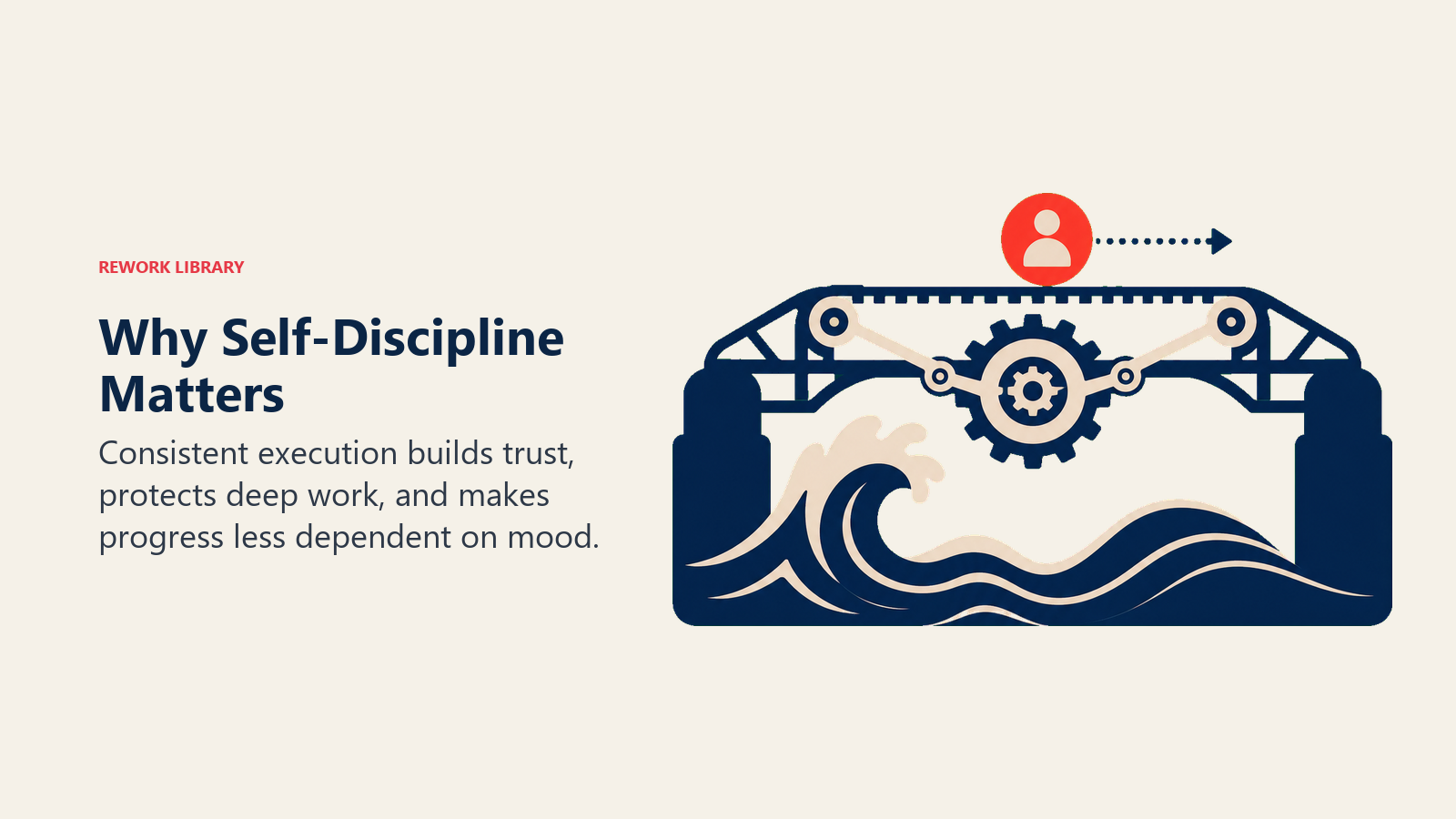 Why Self-Discipline Matters illustrated by dependable clockwork bridge carrying a work token steadily across changing wave conditions