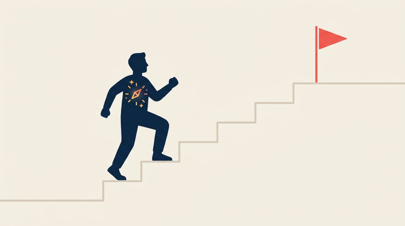 Person climbing steps toward a goal flag illustrating self-motivation at work