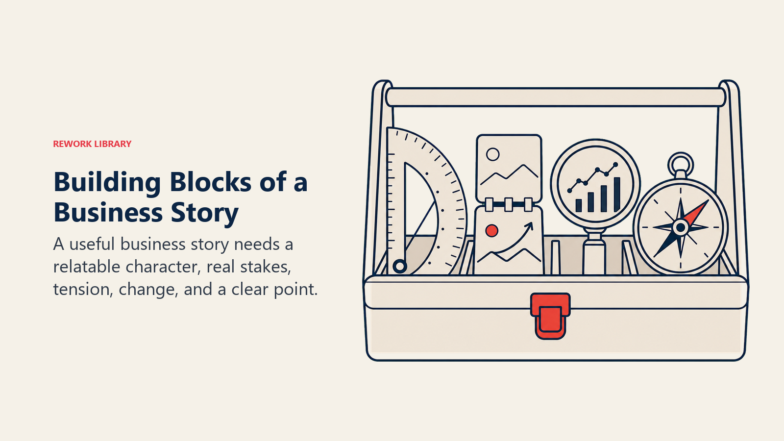 Building Blocks of a Business Story illustrated with a rounded architectural model built from five interlocking pieces: character token, stakes weight, tension knot, change hinge, and point marker