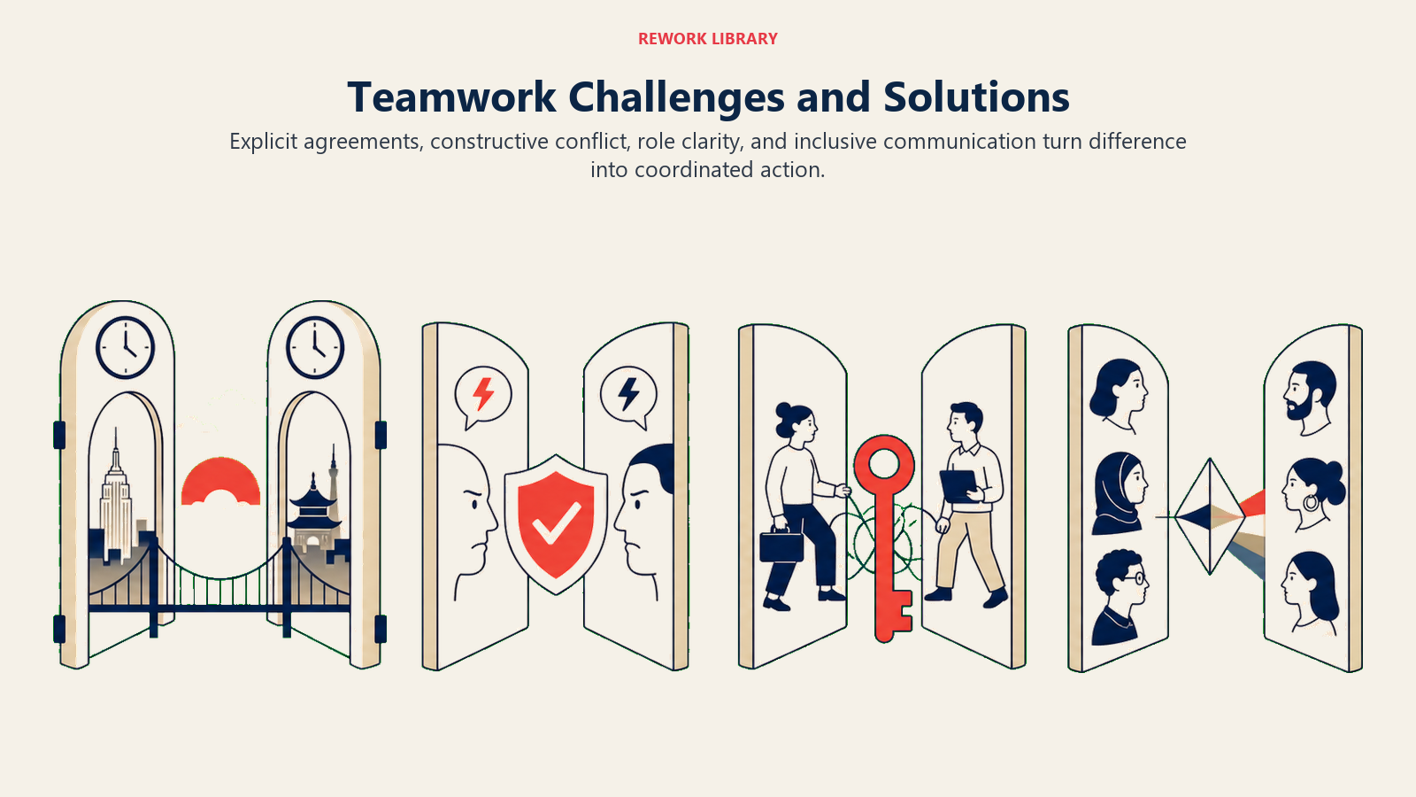 Teamwork challenges and solutions mapped as obstacle gates with documentation dialogue clarity and inclusion keys