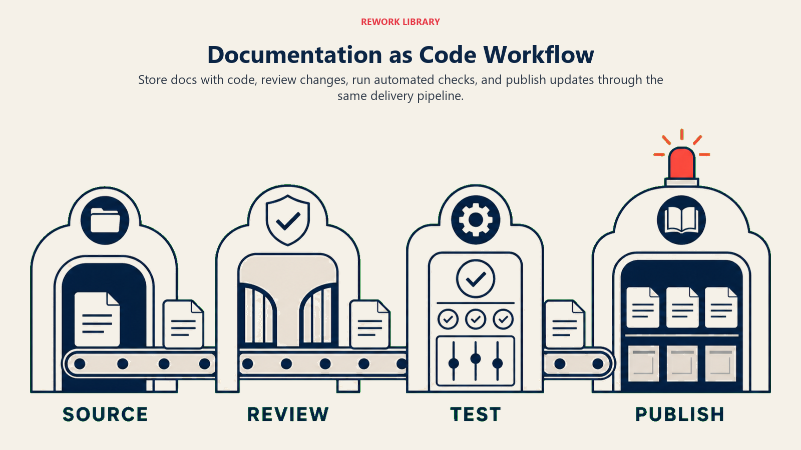 Documentation-as-code workflow moving through source control, review, testing, and publishing