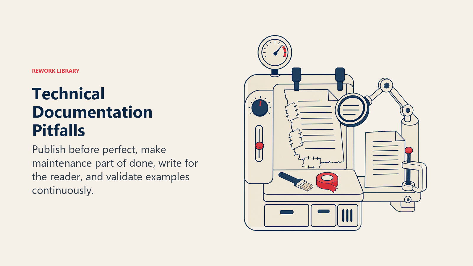Common technical documentation pitfalls paired with publishing, maintenance, reader, and validation solutions