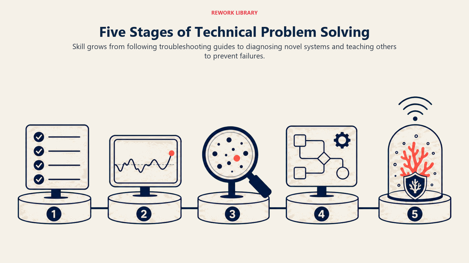 Five Stages of Technical Problem Solving shown as five diagnostic stations progressing from a checklist to a complex system map and coral prevention beacon