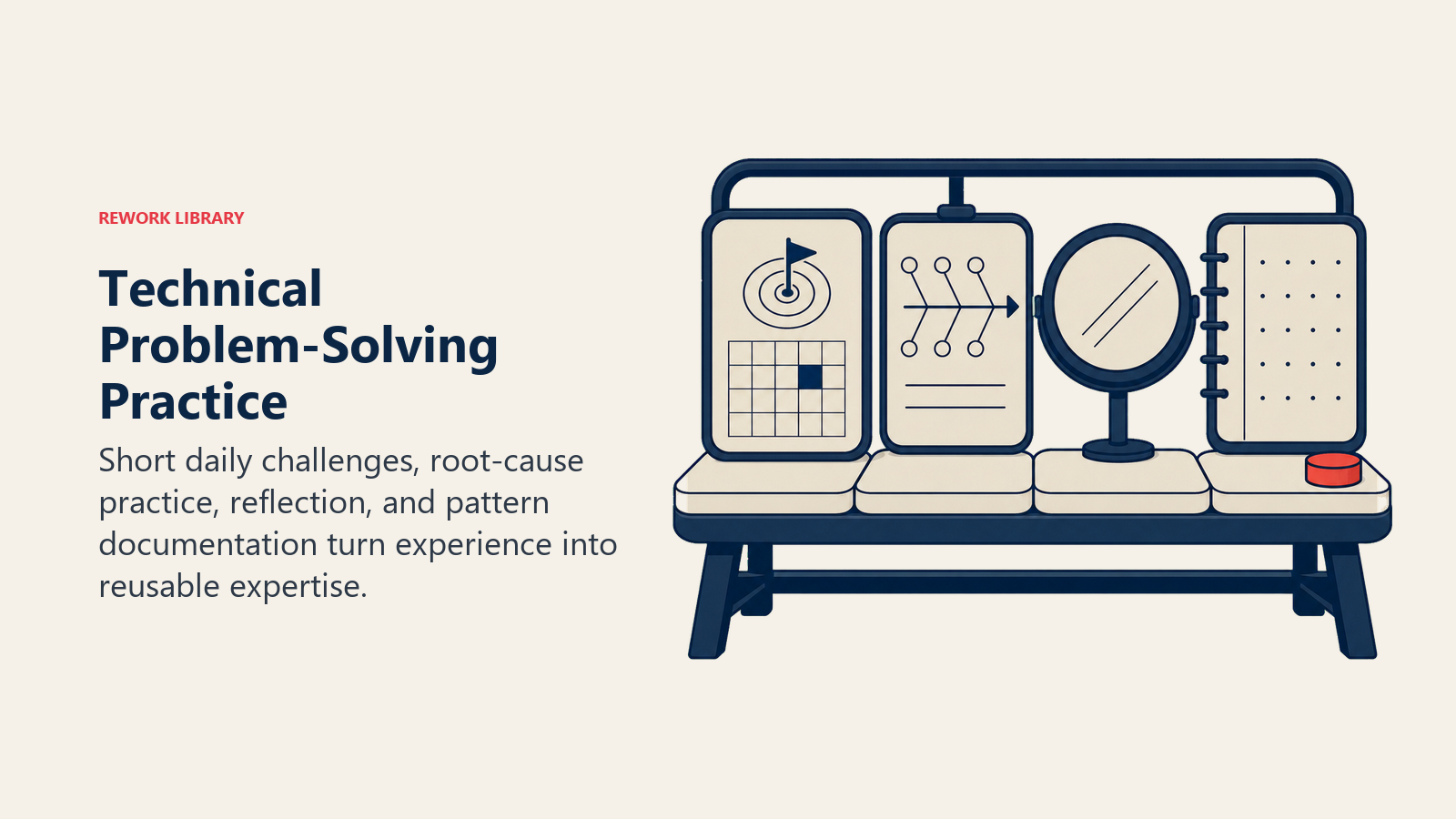 Technical Problem-Solving Practice shown as a weekly practice bench combining a challenge tile