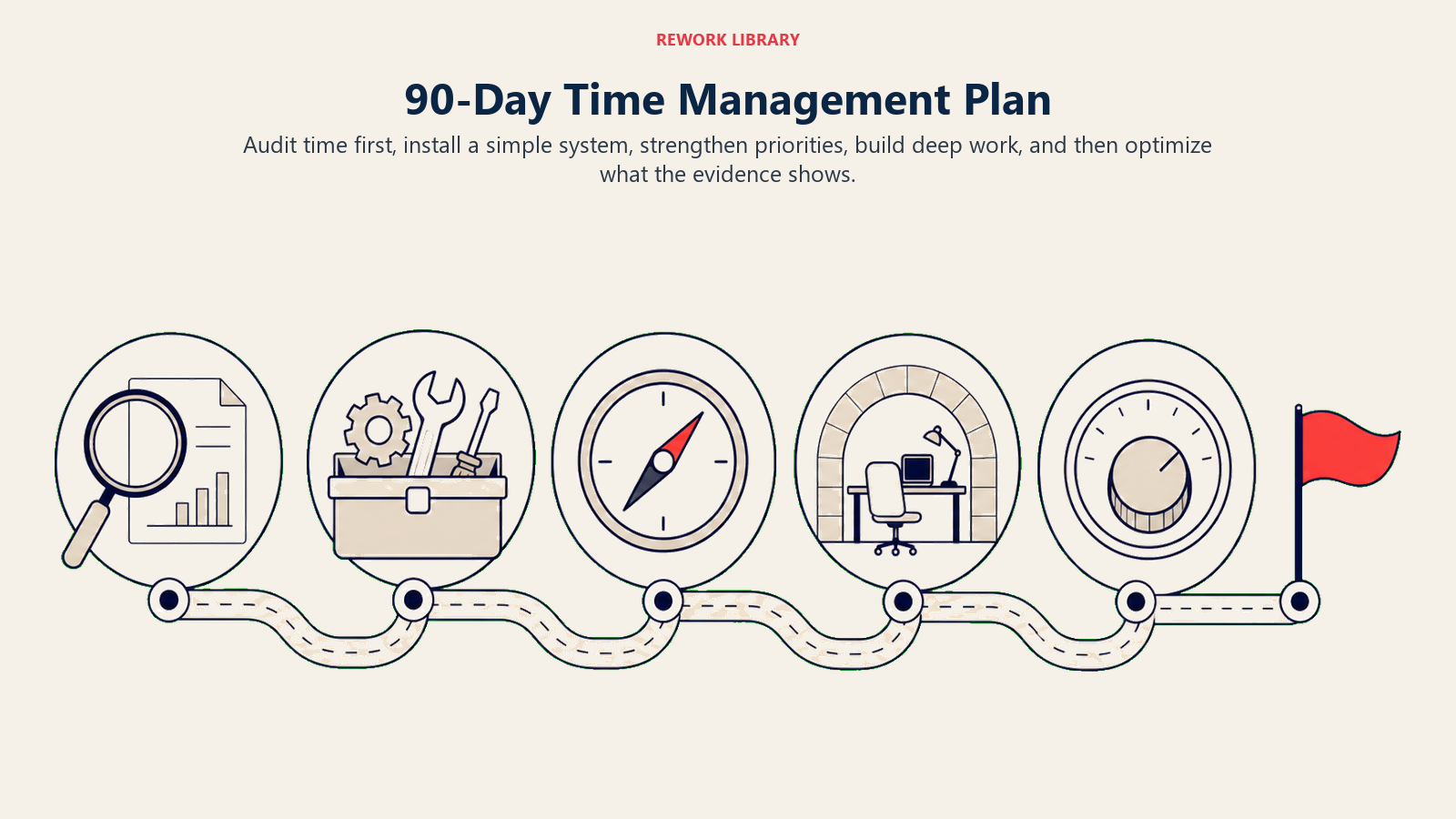90-Day Time Management Plan shown as a wide 90-day route crosses five large milestones: audit lens, system toolbox, priority compass, deep-work tunnel, and optimization dial, ending at a coral result flag