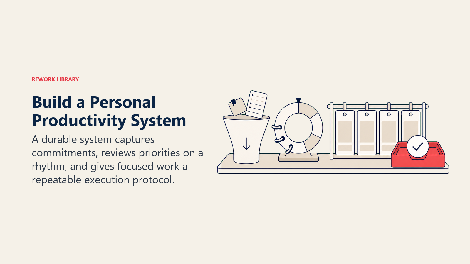 Build a Personal Productivity System shown as a tidy productivity workbench holds one capture funnel, weekly review ring, time-block rail, and coral completion tray