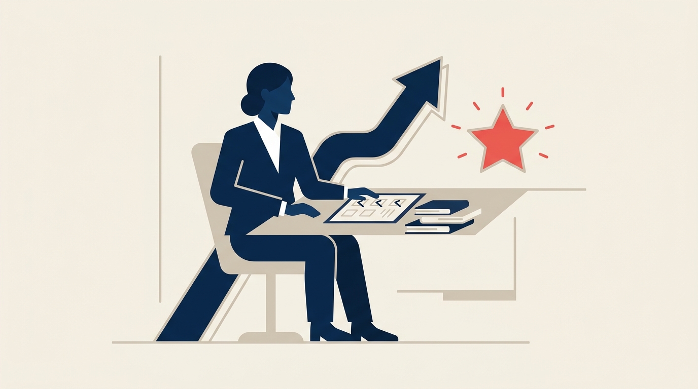 Professional showing a strong work ethic with a steady progress arrow and completed checklist
