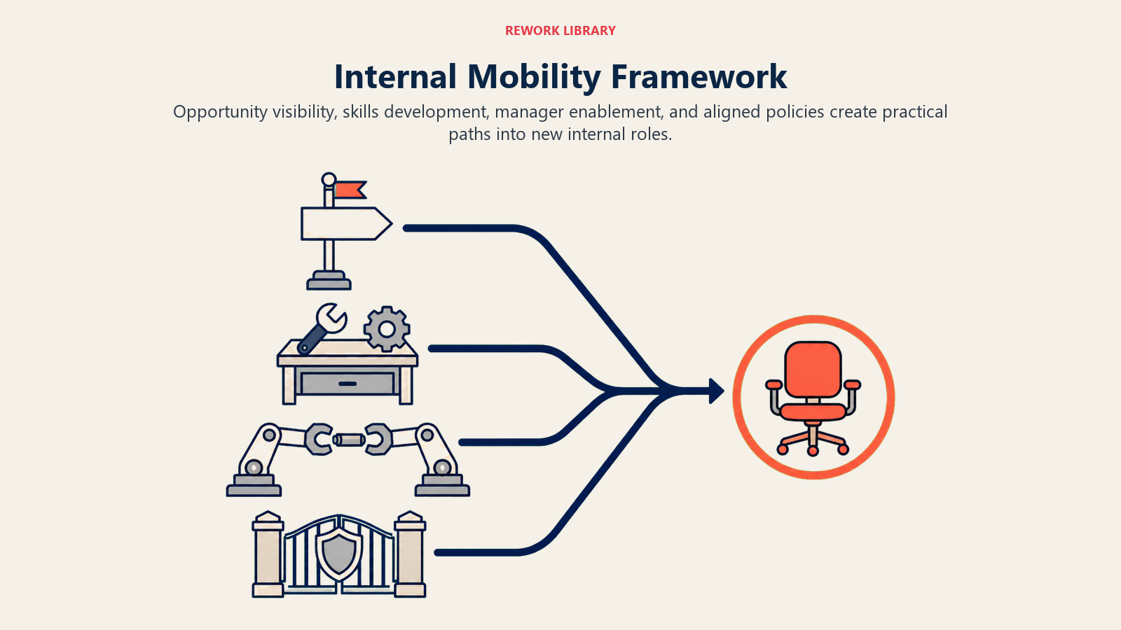 Internal mobility framework shown as opportunity, skills, manager, and policy supports opening a career path