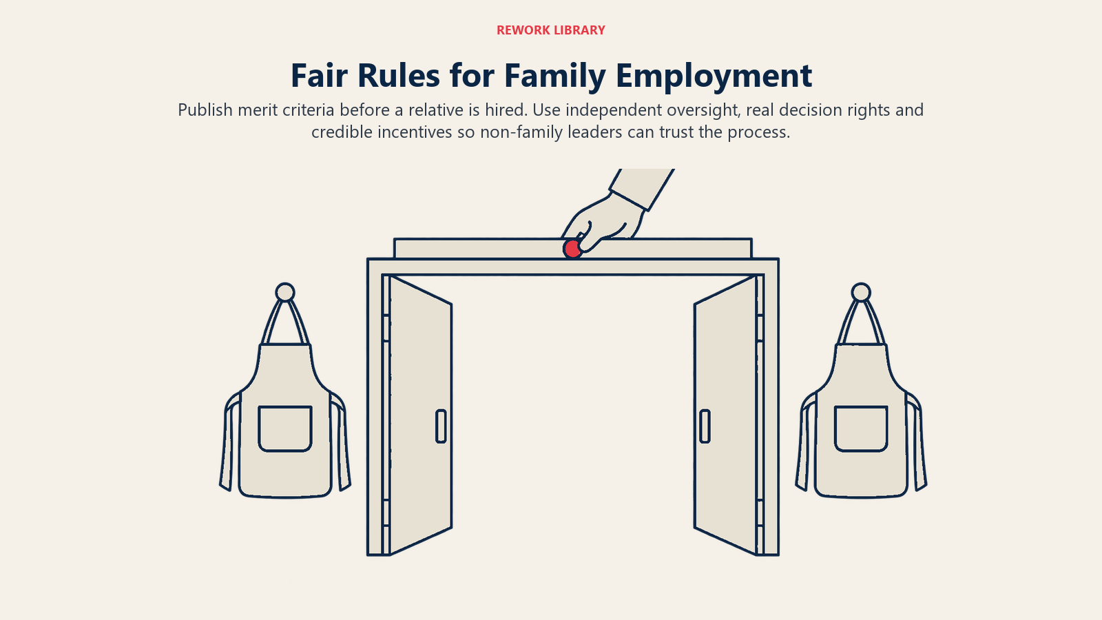 Fair Rules for Family Employment illustrated by shared measuring standard at hiring doorway