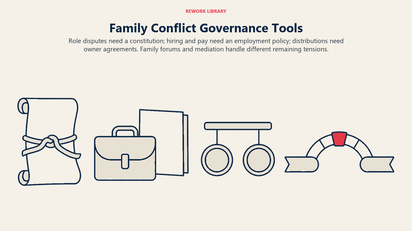 Governance mechanisms matching family role, employment, distribution and relationship conflicts