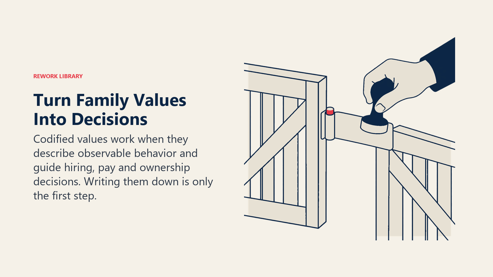 Turn Family Values Into Decisions illustrated by rubber stamp and working hinge