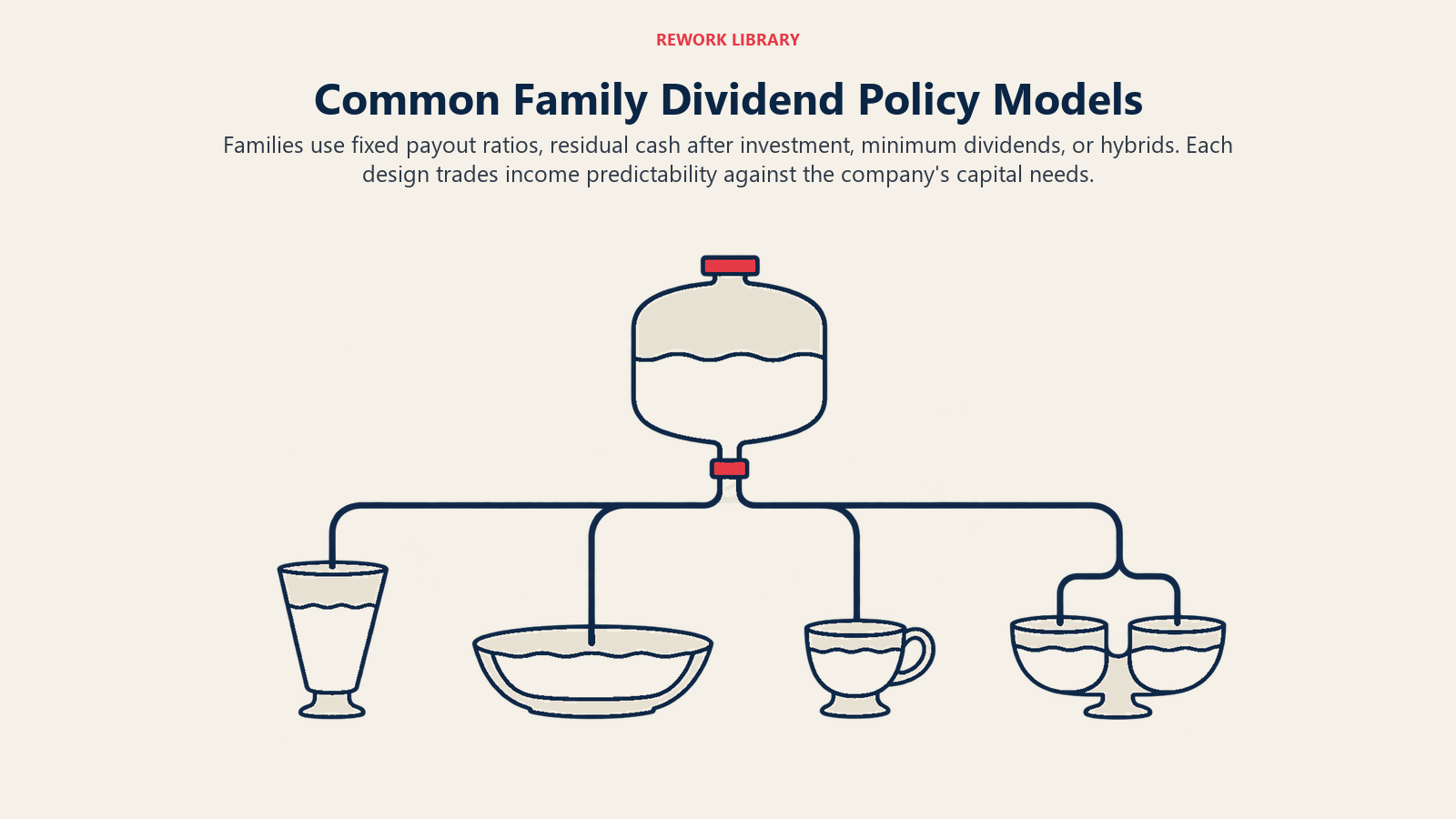 Common Family Dividend Policy Models illustrated by payout vessels. Families use fixed payout ratios, residual cash after investment, minimum dividends, or hybrids. Each design trades income predictability against the company's capital needs.
