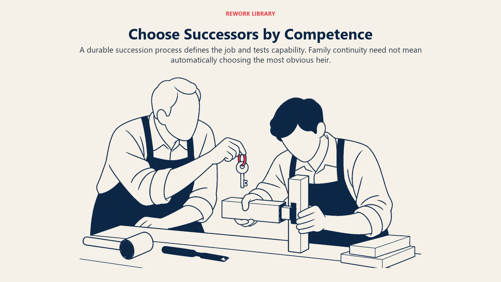Escolher sucessores por competência, ilustrado pela passagem de uma ferramenta artesanal testada
