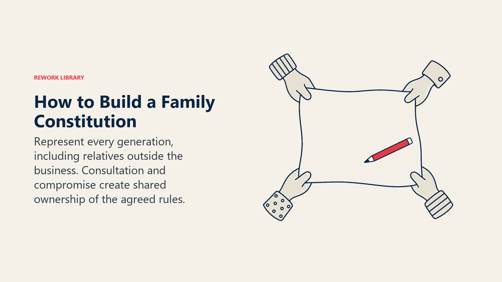 Four hands collaboratively drafting a family constitution through consultation