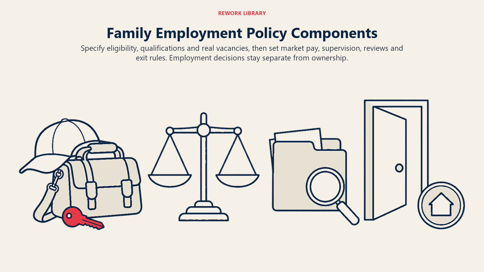 Family employment policy covering entry, market pay, performance review and ownership-separated exit