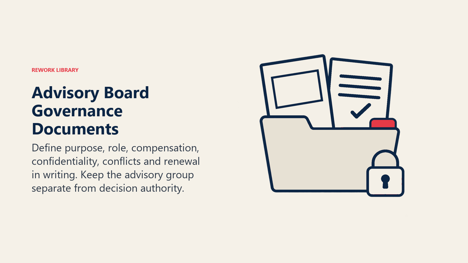 Advisory Board Governance Documents illustrated by an open charter folder contains a plain boundary line, beside a signed agreement sheet and a small confidentiality seal