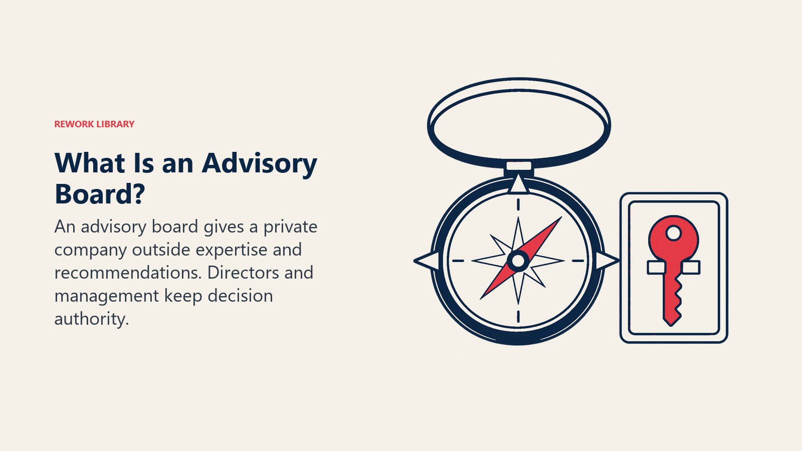 What Is an Advisory Board illustrated by a large open compass with three distinct outside pointers offers direction beside a firmly retained company decision key