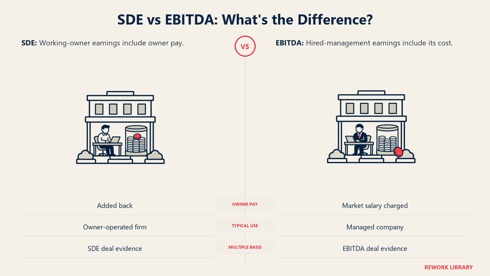 SDE frente a EBITDA: cuál es la diferencia. Se muestra mediante beneficios empresariales equivalentes con la remuneración del dueño frente al salario de un gerente.