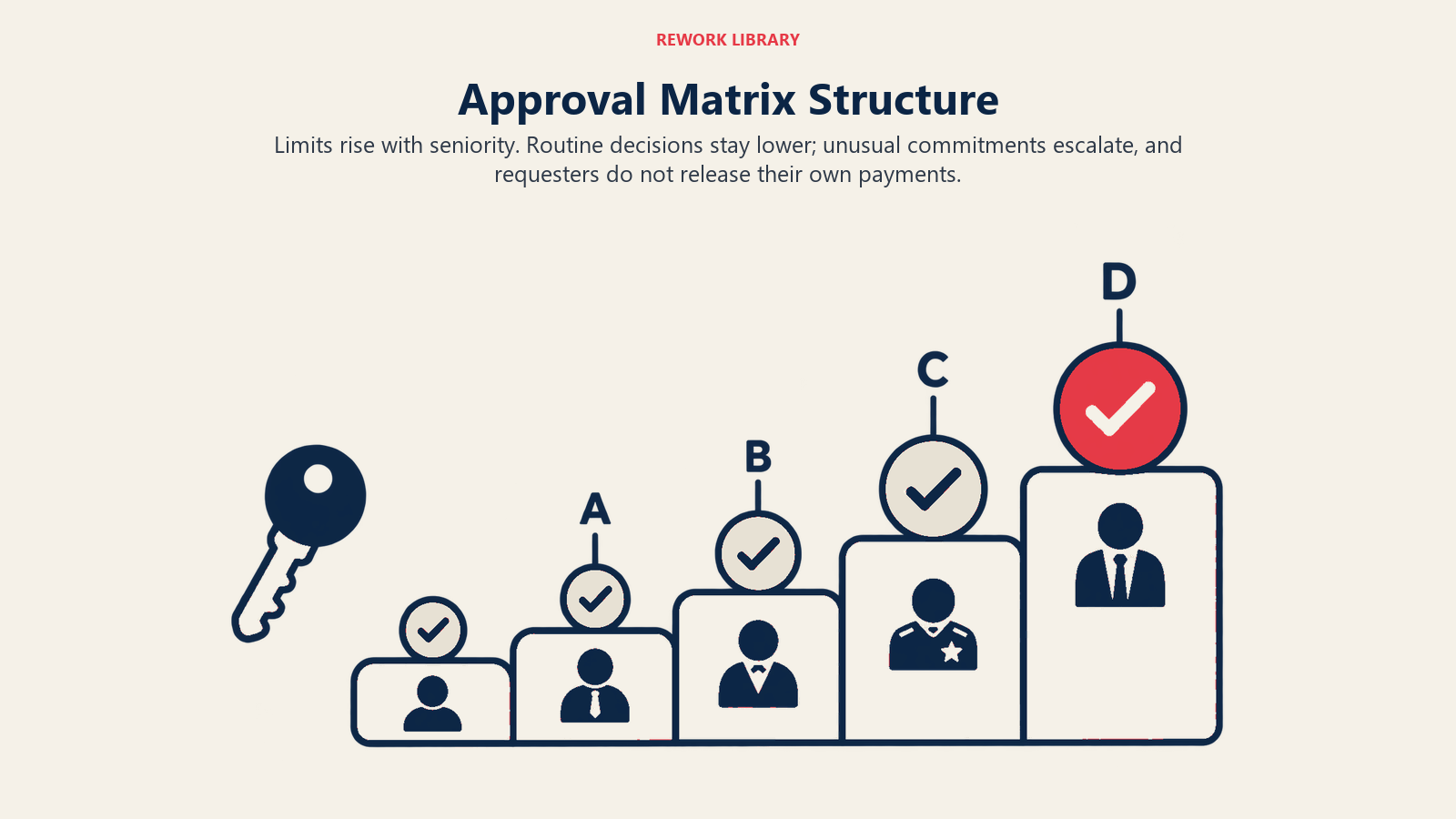 Approval Matrix Structure illustrated by a simple wide authority staircase of five low rounded platforms, each with a role badge and a blank approval token